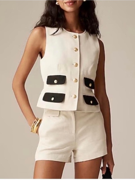 J. Crew Jackets & Blazers - J. Crew Cream Sleeveless Button Vest with Black Pocket Flaps